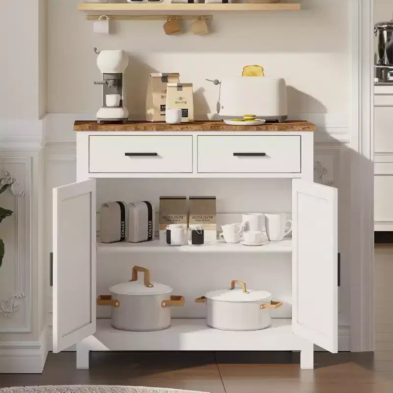 Una credenza da cucina in stile rustico moderno con due cassetti e due ante per riporre gli oggetti; può anche fungere da mobile bar indipendente.
