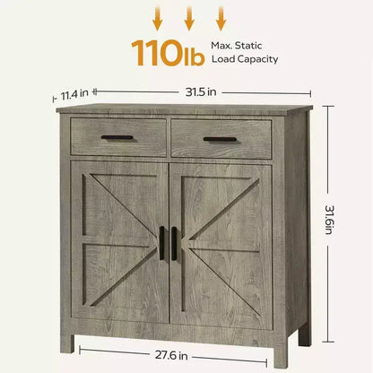 Una credenza da cucina in stile rustico moderno con due cassetti e due ante per riporre gli oggetti; può anche fungere da mobile bar indipendente.