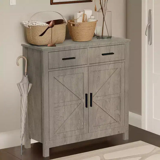 A modern farmhouse-style kitchen sideboard with two drawers and two doors for storage; it can also function as a freestanding coffee bar.