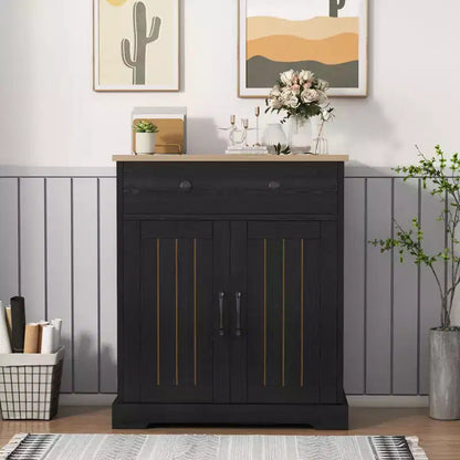 Mobile dispensa nero moderno con 2 ante e cassetto, mobiletto contenitore con ripiano regolabile, credenza da bar in legno per soggiorno