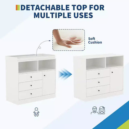 Comò fasciatoio per neonati 3 in 1, cassettiera per cameretta in legno con 3 cassetti e armadietto per vestiti e pannolini