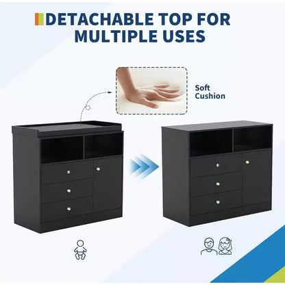 Comò fasciatoio per neonati 3 in 1, cassettiera per cameretta in legno con 3 cassetti e armadietto per vestiti e pannolini