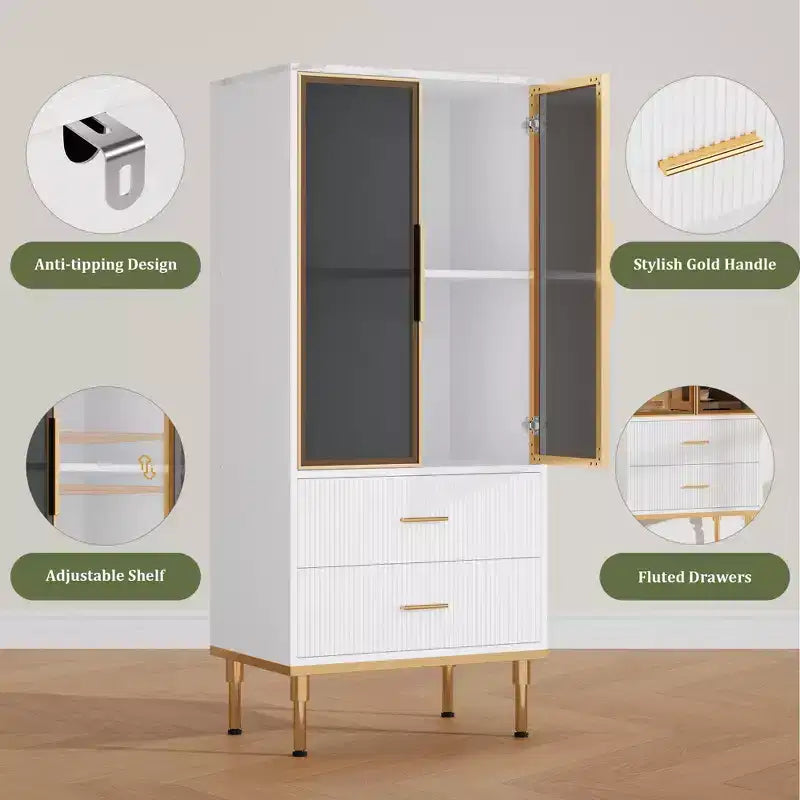 Dispensa indipendente con ante in vetro fumé, dettagli dorati, 2 cassetti per cucina