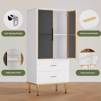 Dispensa indipendente con ante in vetro fumé, dettagli dorati, 2 cassetti per cucina