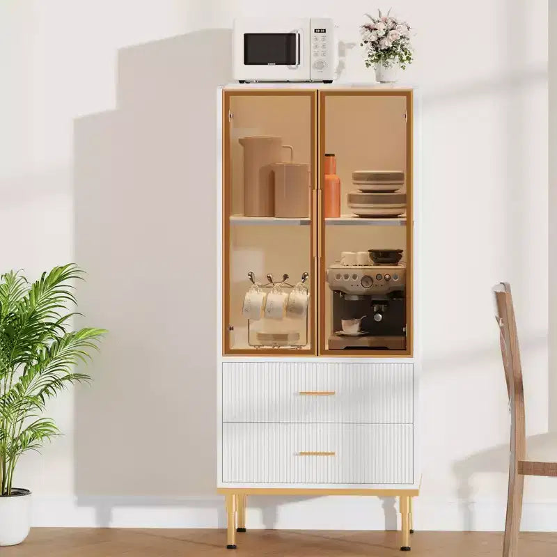 Dispensa indipendente con ante in vetro fumé, dettagli dorati, 2 cassetti per cucina