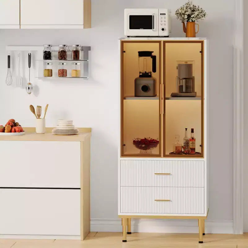 Dispensa indipendente con ante in vetro fumé, dettagli dorati, 2 cassetti per cucina