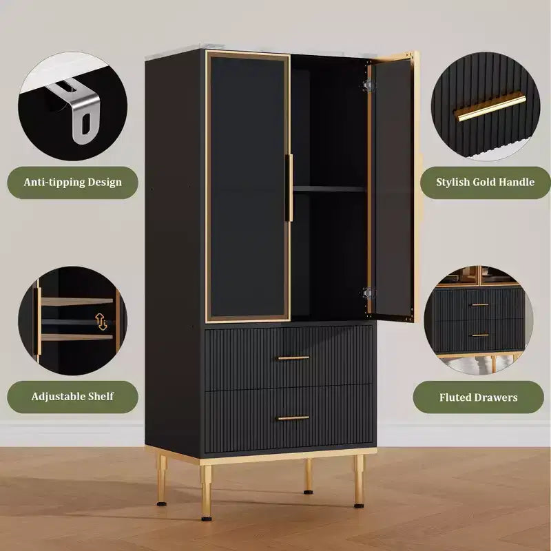 Dispensa indipendente con ante in vetro fumé, dettagli dorati, 2 cassetti per cucina