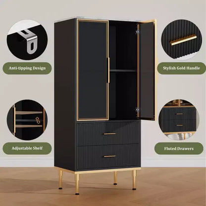 Dispensa indipendente con ante in vetro fumé, dettagli dorati, 2 cassetti per cucina
