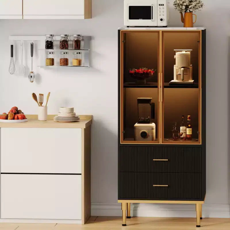Dispensa indipendente con ante in vetro fumé, dettagli dorati, 2 cassetti per cucina