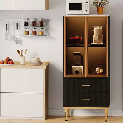 Dispensa indipendente con ante in vetro fumé, dettagli dorati, 2 cassetti per cucina