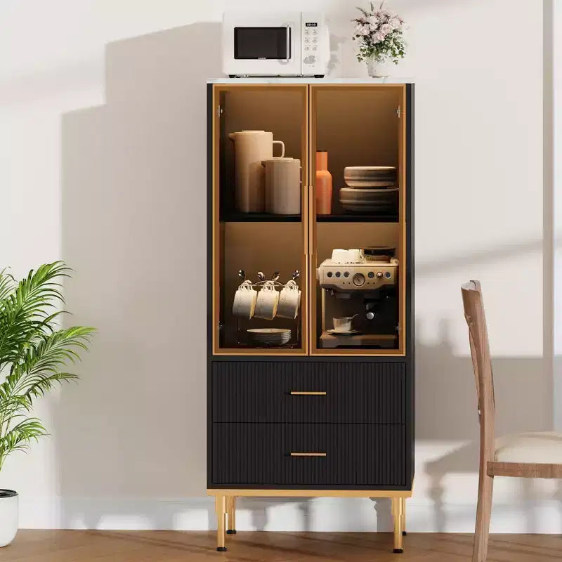 Dispensa indipendente con ante in vetro fumé, dettagli dorati, 2 cassetti per cucina