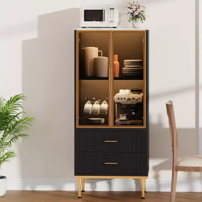 Dispensa indipendente con ante in vetro fumé, dettagli dorati, 2 cassetti per cucina