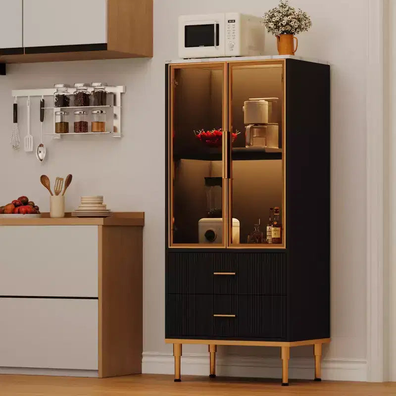 Dispensa indipendente con ante in vetro fumé, dettagli dorati, 2 cassetti per cucina