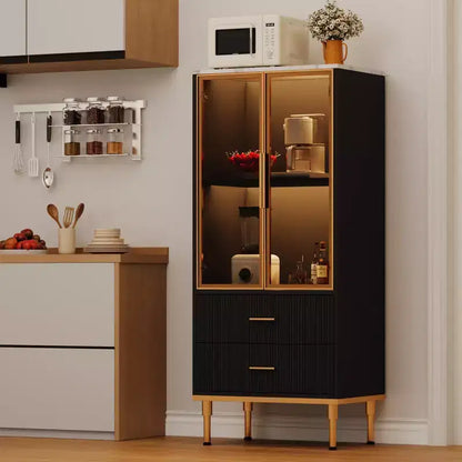 Dispensa indipendente con ante in vetro fumé, dettagli dorati, 2 cassetti per cucina