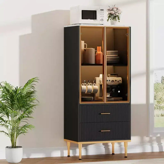GustoWave Freestanding Pantry Cabinet with Glass Doors & Drawers - Modern Kitchen Storage Cupboard with Gold Accents for Dining Room, Office