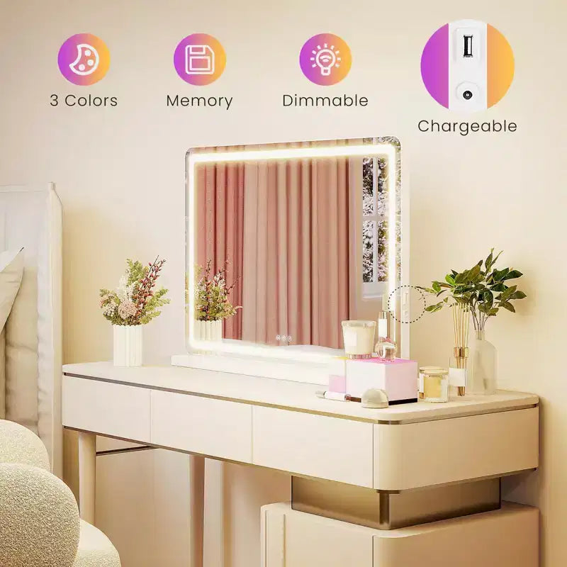 Specchio da Trucco LED Autoportante 32"x22" con 3 Modalità Colore Dimmerabili e Touch Screen, Bianco