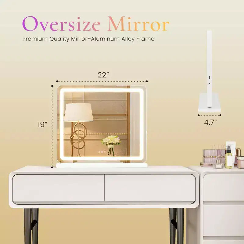 Specchio da Trucco LED Autoportante 32"x22" con 3 Modalità Colore Dimmerabili e Touch Screen, Bianco