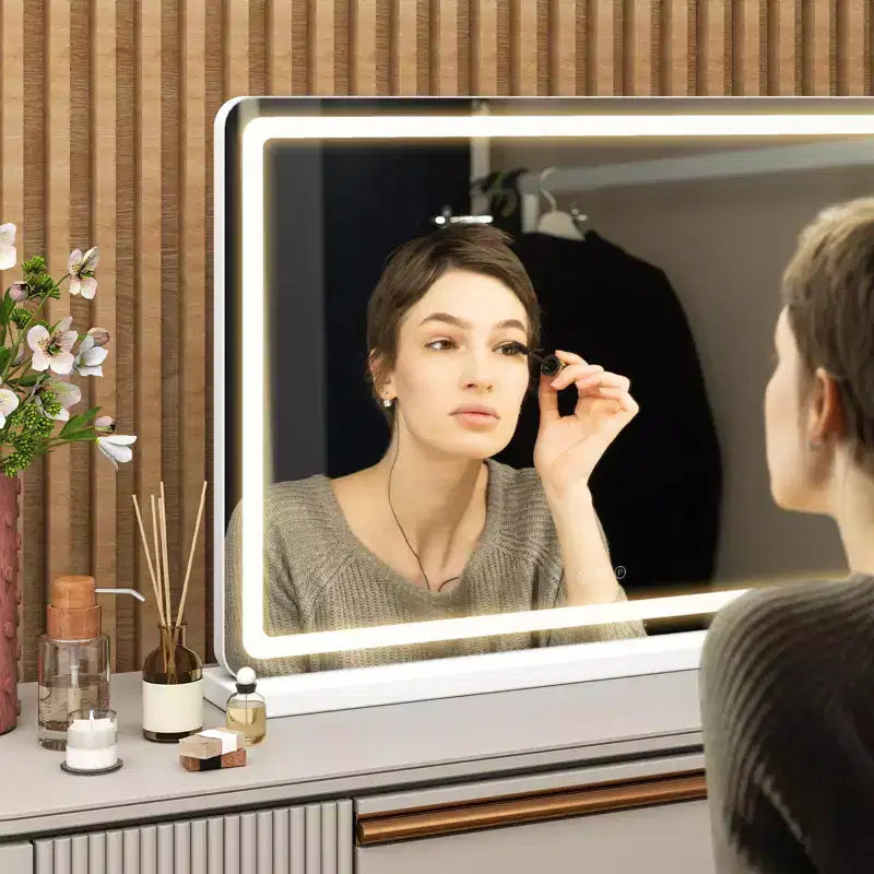 Specchio da Trucco LED Autoportante 32"x22" con 3 Modalità Colore Dimmerabili e Touch Screen, Bianco