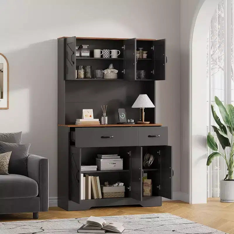 71 Dispensa con Stazione di Ricarica, Mobile Dispensa da Cucina con Cassetti e Piano di Lavoro, Mobile Dispensa da Cucina Stile Rustico