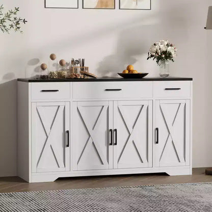 Credenza a 4 ante, mobile contenitore moderno in stile fattoria, credenza grande e moderna in legno in stile fattoria