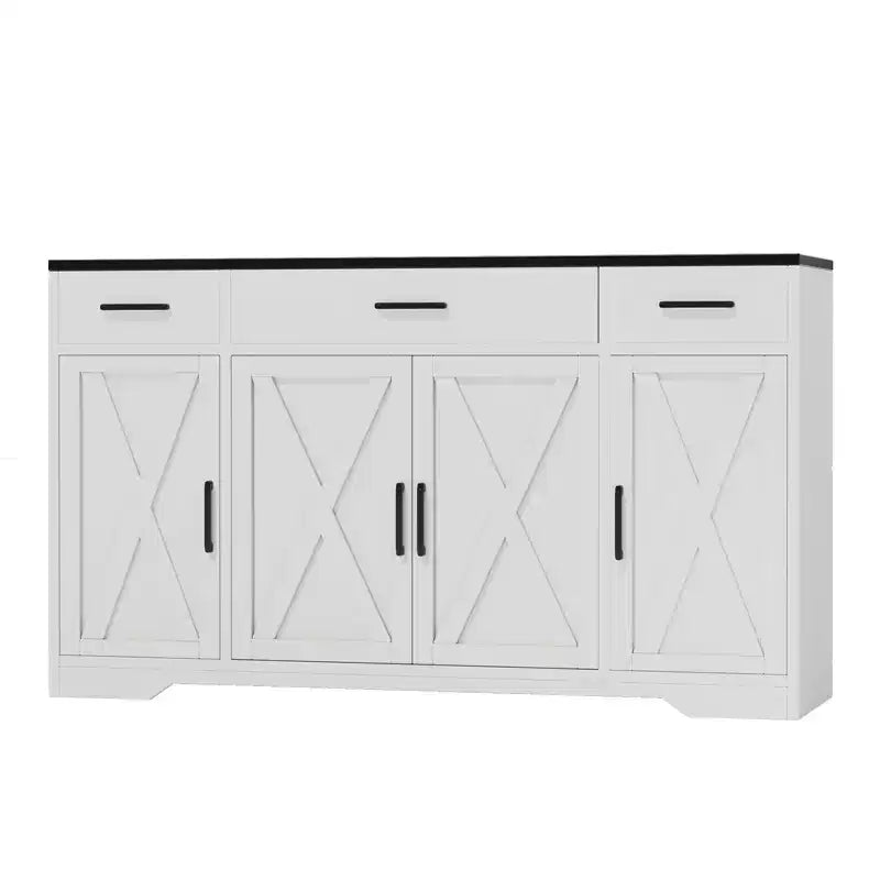 Credenza a 4 ante, mobile contenitore moderno in stile fattoria, credenza grande e moderna in legno in stile fattoria
