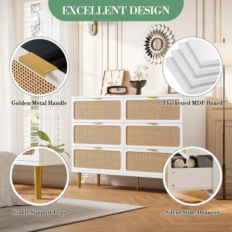 Comò in rattan per la camera da letto, cassettiere spaziose per l'armadio, adatte per il soggiorno, l'ingresso e la camera dei bambini.