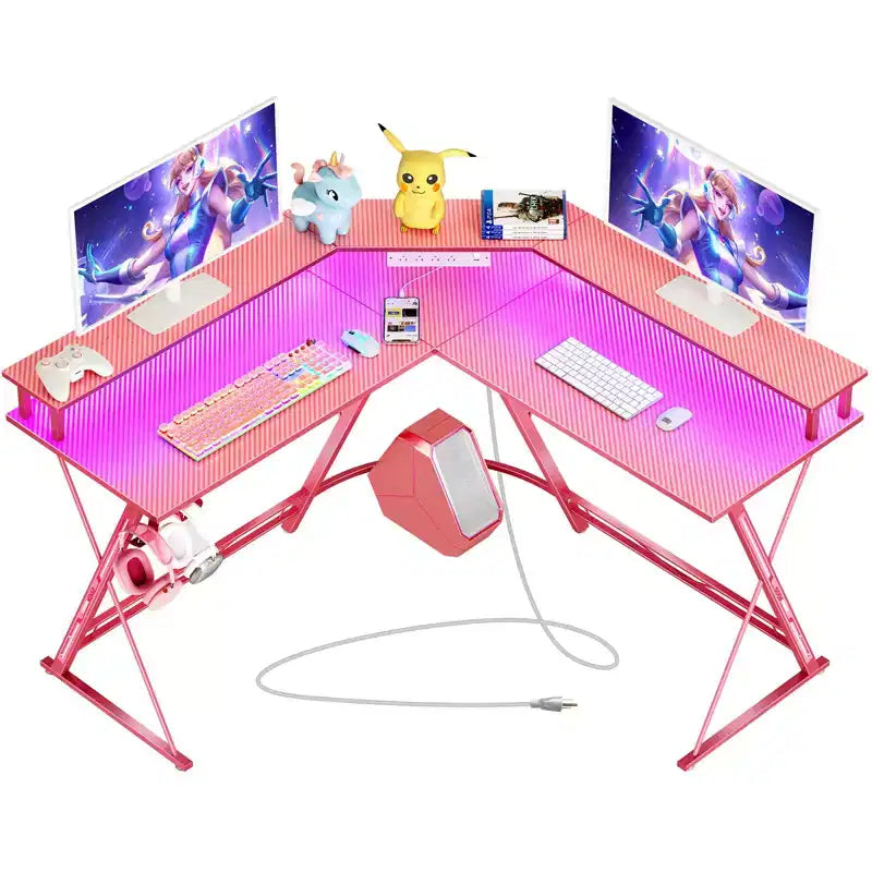 Scrivania da Gaming a L da 128 cm con Luci LED, Prese di Corrente, Supporto Monitor e Gancio per Cuffie