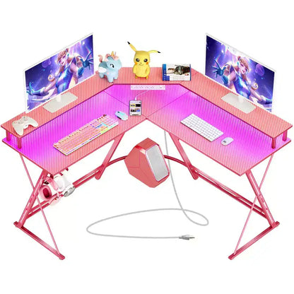 Scrivania da Gaming a L da 128 cm con Luci LED, Prese di Corrente, Supporto Monitor e Gancio per Cuffie