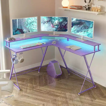Scrivania da Gaming a L da 128 cm con Luci LED, Prese di Corrente, Supporto Monitor e Gancio per Cuffie