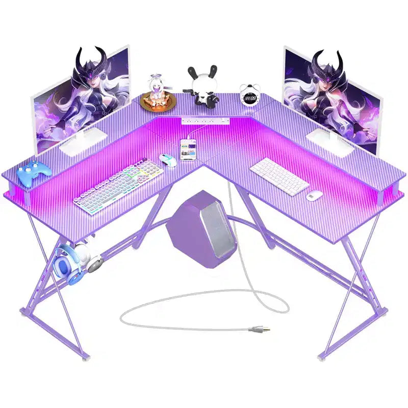 Scrivania da Gaming a L da 128 cm con Luci LED, Prese di Corrente, Supporto Monitor e Gancio per Cuffie