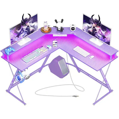 Scrivania da Gaming a L da 128 cm con Luci LED, Prese di Corrente, Supporto Monitor e Gancio per Cuffie