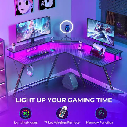 Scrivania da Gaming a L da 128 cm con Luci LED, Prese di Corrente, Supporto Monitor e Gancio per Cuffie