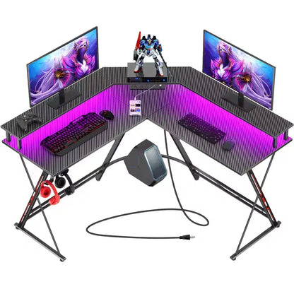 Scrivania da Gaming a L da 128 cm con Luci LED, Prese di Corrente, Supporto Monitor e Gancio per Cuffie