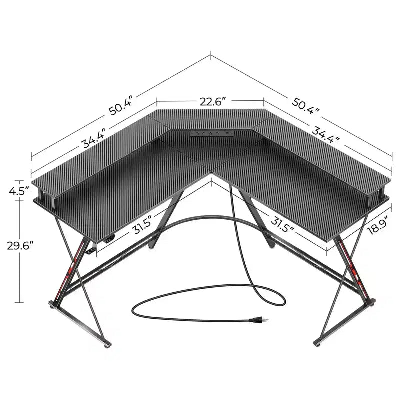 Scrivania da Gaming a L da 128 cm con Luci LED, Prese di Corrente, Supporto Monitor e Gancio per Cuffie