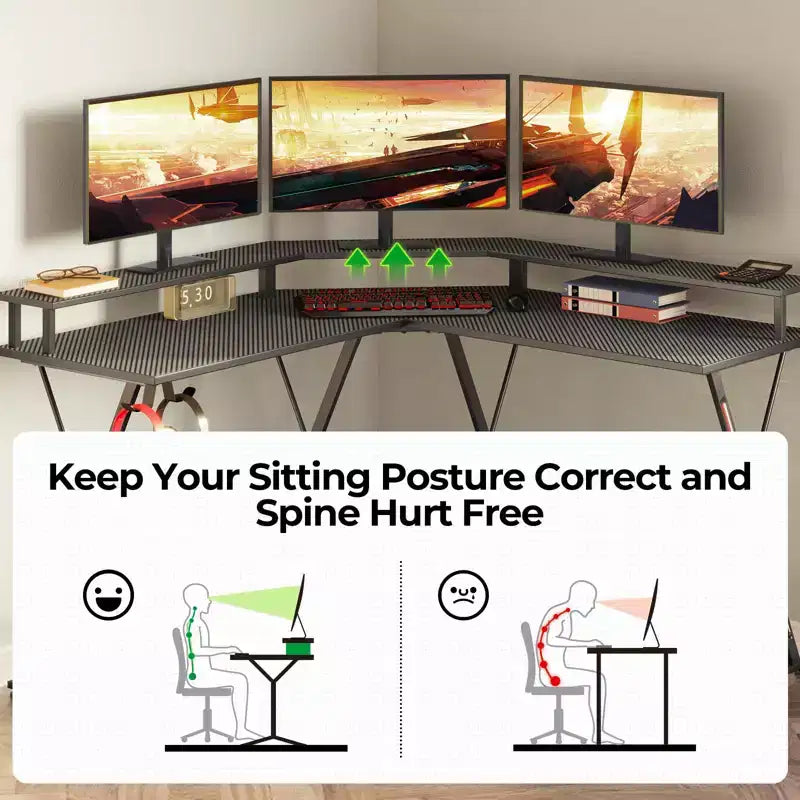 Scrivania da Gaming a L da 128 cm con Luci LED, Prese di Corrente, Supporto Monitor e Gancio per Cuffie