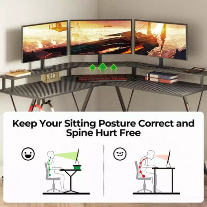 Scrivania da Gaming a L da 128 cm con Luci LED, Prese di Corrente, Supporto Monitor e Gancio per Cuffie