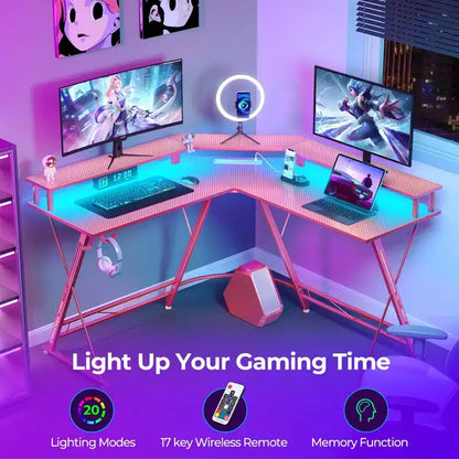 Scrivania da Gaming a L da 128 cm con Luci LED, Prese di Corrente, Supporto Monitor e Gancio per Cuffie