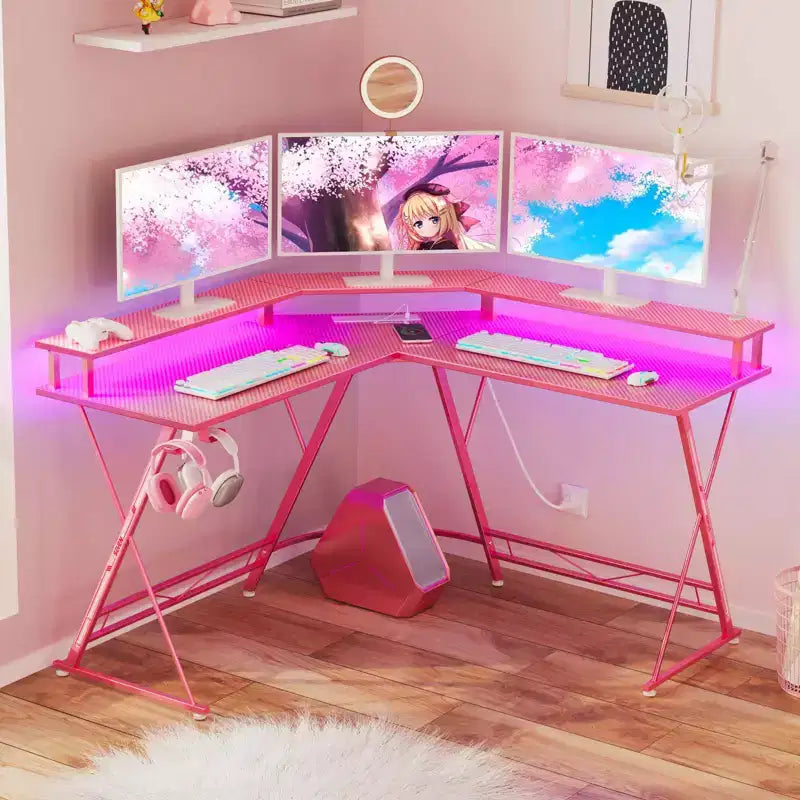 Scrivania da Gaming a L da 128 cm con Luci LED, Prese di Corrente, Supporto Monitor e Gancio per Cuffie