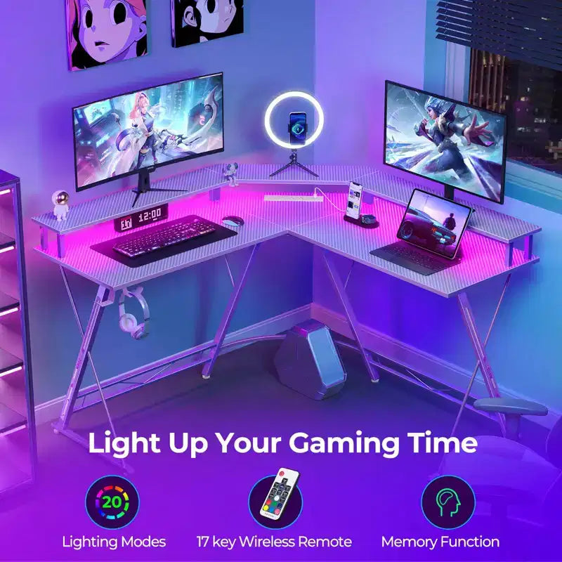 Scrivania da Gaming a L da 128 cm con Luci LED, Prese di Corrente, Supporto Monitor e Gancio per Cuffie