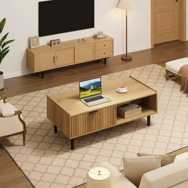 Coffee table, modern style coffee table with storage function, including drawers and open shelves, square coffee table for living room.