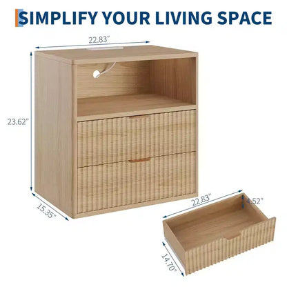 Comodino Fluted Farmhouse con Stazione di Ricarica, Comodino Moderno Mid-Century da 23", Tavolino con 2 Cassetti, Set di Tavolini in Legno per Divano e Camera da Letto
