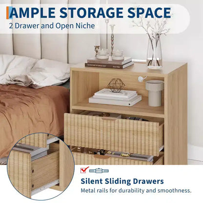 Comodino Fluted Farmhouse con Stazione di Ricarica, Comodino Moderno Mid-Century da 23", Tavolino con 2 Cassetti, Set di Tavolini in Legno per Divano e Camera da Letto