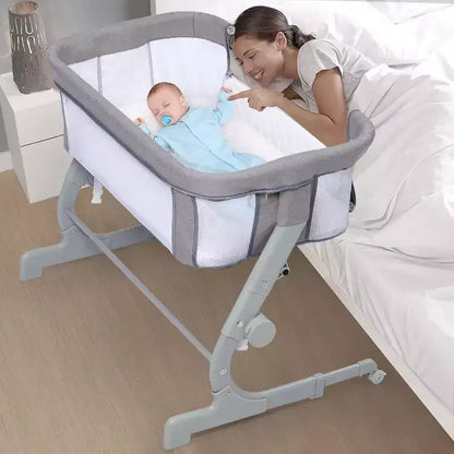 Baby Bassinet Bedside Sleeper, Adjustable Portable Crib with Mesh Sides, Mattress, Storage Bag & Wheels, Bedside Crib for Newborns, Grey