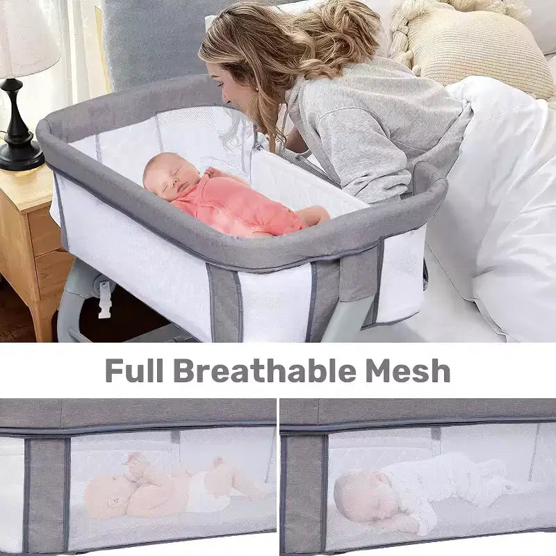 Culla per neonati, Spondina regolabile con lati in rete, Materasso, Borsa portaoggetti e Ruote, Culla da affiancare al letto per neonati, Grigio