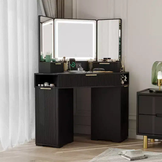 Lighted Mirror Corner Vanity Desk with Charging Station, Fluted Design, 3 Drawers, Cabinets, Open Shelves, Wooden Makeup Vanity Table for Bedroom