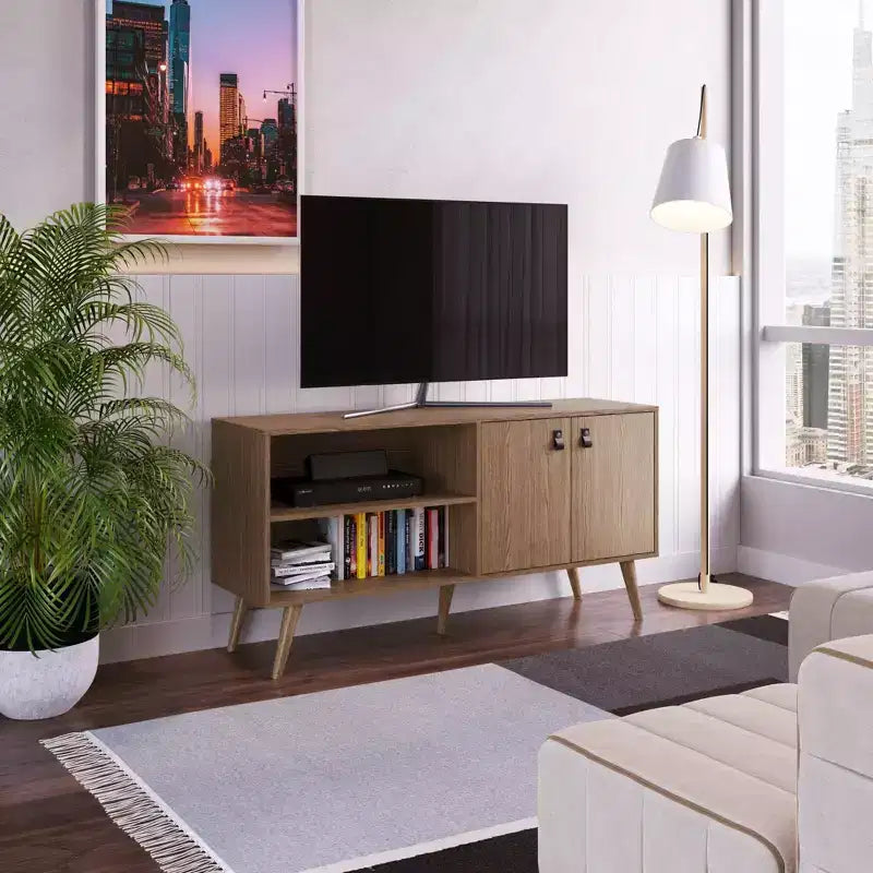 Mobile TV per televisori fino a 50", Maniglie in similpelle, 53,7"L con Gestione cavi