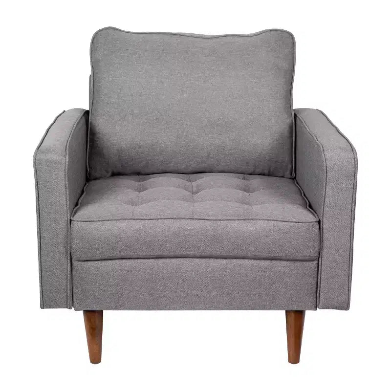 Poltrona compatta Mid-Century Modern, rivestimento in finto lino trapuntato, gambe in legno massello, 227 kg