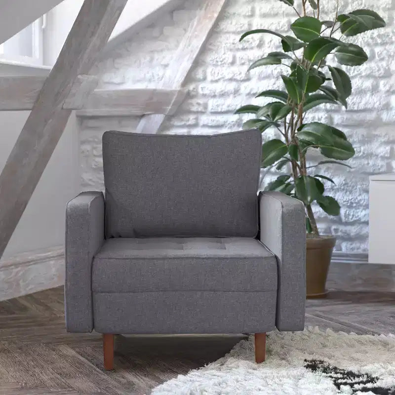 Poltrona compatta Mid-Century Modern, rivestimento in finto lino trapuntato, gambe in legno massello, 227 kg