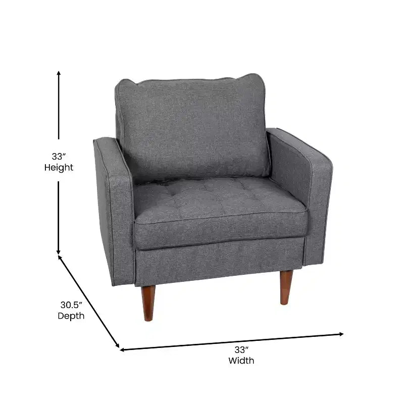 Poltrona compatta Mid-Century Modern, rivestimento in finto lino trapuntato, gambe in legno massello, 227 kg