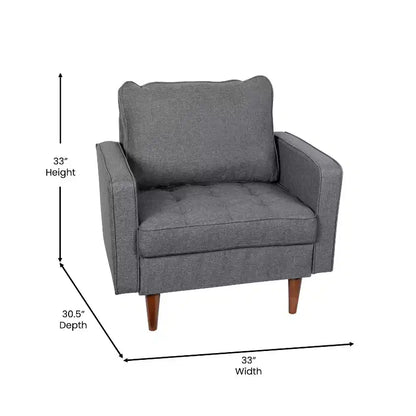 Poltrona compatta Mid-Century Modern, rivestimento in finto lino trapuntato, gambe in legno massello, 227 kg